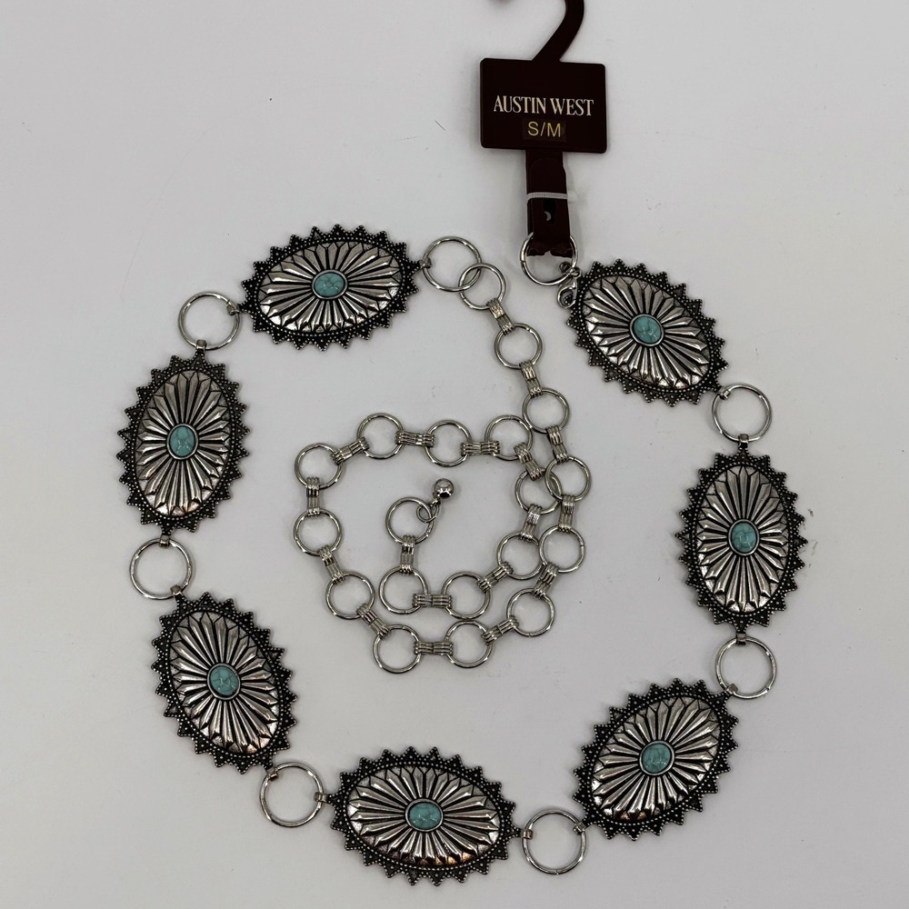 Austin West Concho Chain Belt Women S/M Silver Turquoise Southwestern Adjustable